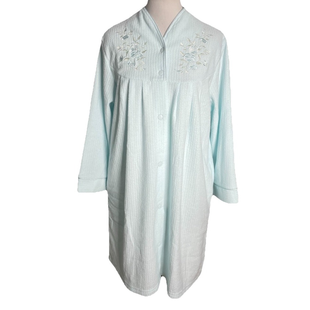 NWT Miss Elaine Brushed Back TERRY Snap House Dress Lounge Robe Blue L Petite